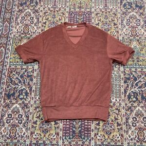 VTG 70s Men Rust Orange Terry Towel Cloth V Neck Short Sleeve Sweater Medium USA
